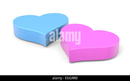 Paar von blau und rosa Herzen auf weißem Hintergrund Liebe Konzept 3D Illustration Stockfoto