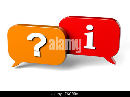 Orange gelb und rot Blase Rede auf weißem Hintergrund Fragezeichen und Info Sign Konzept 3D Illustration Stockfoto