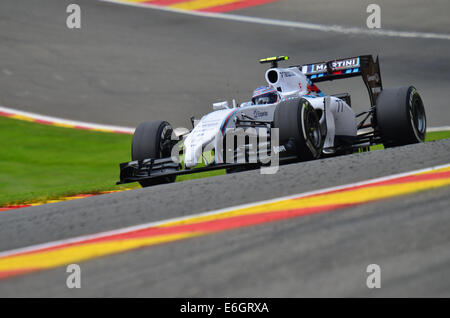 Spa Francorchamps, Belgien. 23. August 2014. Valtteri Bottas (FIN), Formel-1-Rennfahrer für Williams Martini Racing Team in Aktion bei der Formel 1 Grand Prix von Belgien, Spa-Francorchamps, BEL. Bildnachweis: Kevin Bennett/Alamy Live-Nachrichten Stockfoto