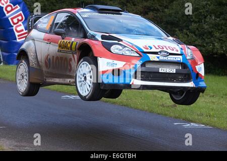 Baumholder, Deutschland. 23. August 2014. Robert Kubica und Beifahrer Maciej Szczepaniak (beide Polen) springen die Hügel "Gina" in der Wertungsprüfung der ADAC Rallye Deutschland Teil der WRC-Rallye-Weltmeisterschaft auf dem Truppenübungsplatz in Baumholder, Deutschland, 23. August 2014. Foto: THOMAS FREY/Dpa/Alamy Live News Stockfoto