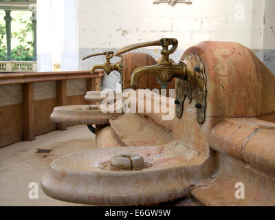 Vichy Thermalstadt. Quellwasserhähne in der Célesting-Quelle (Quelle Celestins), Departement Allier, Auvergne Rhone Alpes, Frankreich Stockfoto