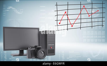 Systemeinheit, Monitor, Kamera und Grafik von Preisänderungen Stockfoto