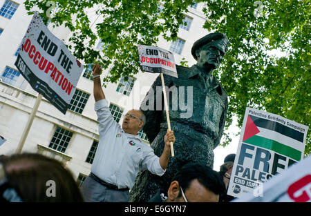 London, UK. 23. August 2014. Free Palästina und Free Gaza anti-israelischen Demonstration gegenüber Premierminister Cameron Residenz Downing Street in Whitehall, London EnglandUK. 23. August 2014 Demonstrator unter Statue des britischen WW2 General Montgomery. Bildnachweis: BRIAN HARRIS/Alamy Live-Nachrichten Stockfoto