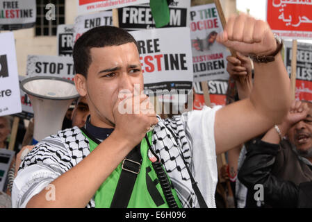 London, UK. 23. August 2014. Hunderte von Demonstranten gegen die britische Regierung mitschuldig wie Bomben auf Gaza gegenüber Downing Street in London singen "Blut auf unseren Händen". Bildnachweis: Siehe Li/Alamy Live News Stockfoto