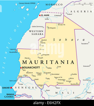 Mauretanien politische Karte mit Hauptstadt Nouakchott, Landesgrenzen, die wichtigsten Städte, Flüsse und Seen. Englische Kennzeichnung ein Stockfoto