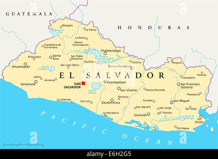 El Salvador politische Karte mit Hauptstadt San Salvador, Landesgrenzen, die wichtigsten Städte, Flüsse und Seen. Englisch beschriften Stockfoto