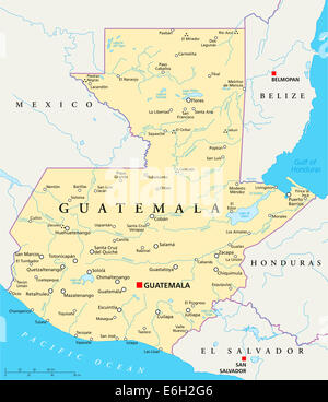 Guatemala politische Karte mit Hauptstadt Guatemala-Stadt, Landesgrenzen, die wichtigsten Städte, Flüsse und Seen. Englisch beschriften Stockfoto