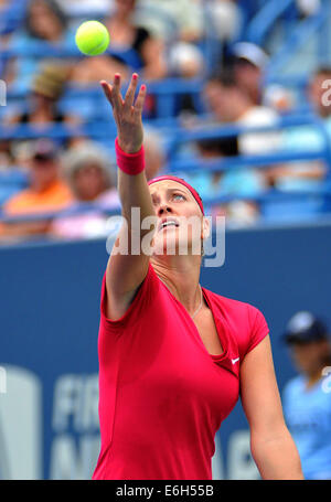 New Haven, CT USA Wimbledonsieger Petra Kvitova (CZE) gegen Magdalena Rybarikova (SVK), während die zweite Gruppe von dient der Connecticut Open Tennisturnier. Kvitova besiegte Rybarikova 6-2-4,6 um das Turnier zu gewinnen. 22. August 2014. Bildnachweis: Enigma/Alamy Live-Nachrichten Stockfoto