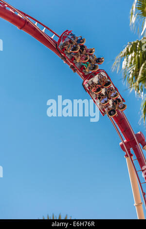 Parkbesucher fahren die Hollywood Rip Ride Rockit Achterbahn in den Universal Studios in Orlando, Florida Stockfoto