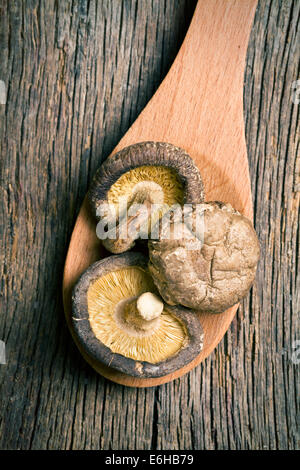 Draufsicht der getrocknete Shiitake-Pilze auf Tisch Stockfoto