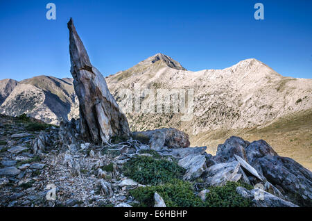 Profitis Ilias, dem höchsten Gipfel im Bereich Taygetos, gesehen von Musgia Ridge in die äußere Mani, Messenien, Peloponnes, Griechenland Stockfoto