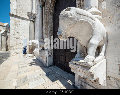 Zwei steinerne Stiere tragende Säulen am Eingang der Basilika di San Nicola, St Nicholas Basilica in Bari Altstadt, Puglia Stockfoto