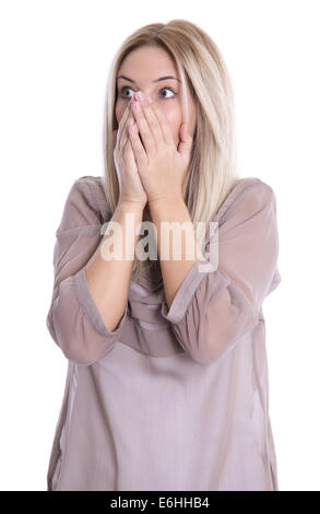 Schockiert und verzweifelt isoliert junge Frau mit blonden Haaren mit weißen Blick seitwärts über. Stockfoto