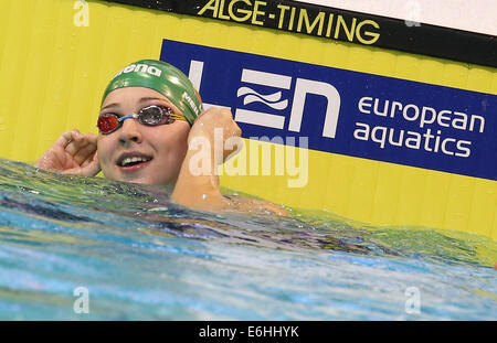 Berlin, Deutschland. 24. August 2014. Ruta Meilutyte Litauens reagiert nach der Frauen 50-Meter-Brustschwimmen Finale auf der 32. LEN europäischen Swimming Championships 2014 im Velodrom in Berlin, Deutschland, 24. August 2014. Foto: Hannibal/Dpa/Alamy Live News Stockfoto