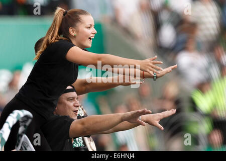 Budapest, Ungarn. 24. August 2014. Anhänger der FTC feiern den Sieg ihrer Mannschaft bei Ferencvaros vs. Nyiregyhaza OTP Bank Liga Fußballspiel im Groupama Arena am 24. August 2014 in Budapest, Ungarn. Bildnachweis: Laszlo Szirtesi/Alamy Live-Nachrichten Stockfoto