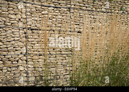 Nahaufnahme einer Stein-Gabion-Korbwand mit hohen Gräsern im Vorderteil Stockfoto