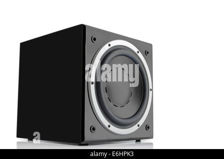 Schwarze Hochglanz-Subwoofer isoliert auf weißem Hintergrund Stockfoto