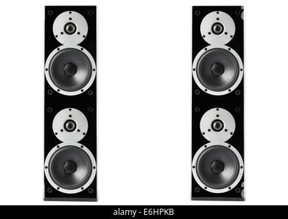 Paar schwarze high gloss Musik Lautsprecher isoliert auf weißem Hintergrund Stockfoto