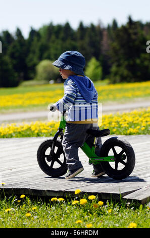 Ein zwei Jahre alter Junge ein Strider Laufrad fahren Stockfoto