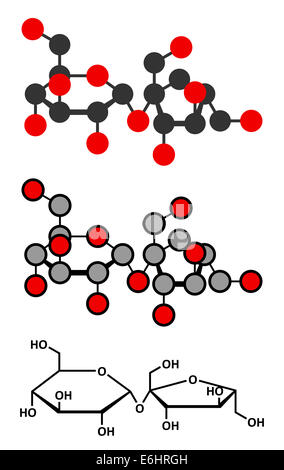 Saccharose Zuckermolekül. Auch bekannt als Haushaltszucker, Rohrzucker oder Rübenzucker Zucker. Stilisierte 2D Renderings und konventionelle Skelett fo Stockfoto