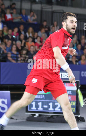 Chris LANGRIDGE England v Singapur im Halbfinale der Mens verdoppelt im Badminton in 2014 Commonwealth Games, Glasgow Stockfoto