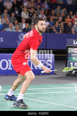 Chris LANGRIDGE England v Singapur im Halbfinale der Mens verdoppelt im Badminton in 2014 Commonwealth Games, Glasgow Stockfoto