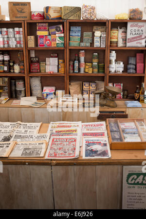 1940er Jahre Replik Lebensmittelhändler Shop mit Paketen von Lebensmittel und Haushaltsartikel in den Regalen am historischen militärischen Reenactment zeigen. UK Stockfoto