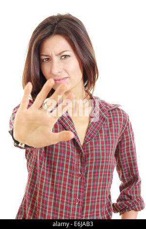 Festhalten, Geste mit Empörung zeigte von jungen hübschen Frau, Frau sagt Nein zu der Kamera/Viewer zeigt die Handfläche zu stoppen Stockfoto