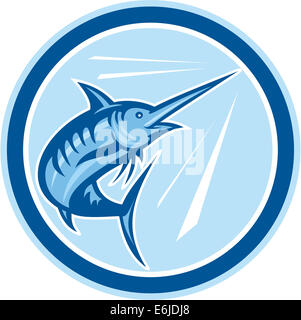 Abbildung von einem blauen Marlin Fisch springen Satz im inneren Kreis auf isolierte Hintergrund getan im Cartoon-Stil. Stockfoto