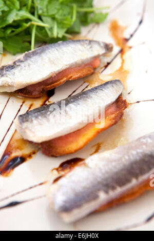 Sardinen auf Toast Vorspeise im Restaurant in Lissabon, Portugal Stockfoto