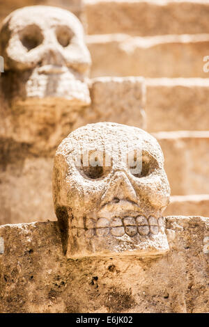 Nahaufnahme der beängstigend mexikanischen Stein Schädel mit einer Treppe im Hintergrund Stockfoto