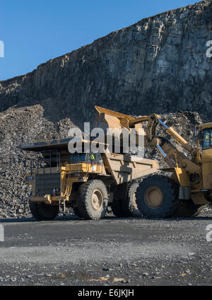 100-Tonnen-Caterpillar 7770 D LKW und Radlader 992G schleppen Basalt trap Rock aus Basalt Ridge Tilcon Steinbruch abgebaut. Stockfoto