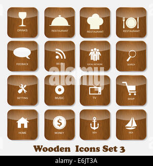 Hölzerne Applikations-Icons Set Vektor-Illustration Stockfoto
