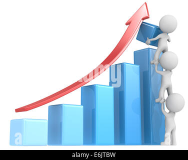 Der Dude X 3 helfende Erhöhung blaue bar Diagramm. Roter Pfeil. Stockfoto