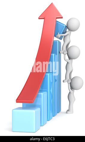Der Dude X 3 helfende Erhöhung blaue bar Diagramm. Roter Pfeil. Stockfoto