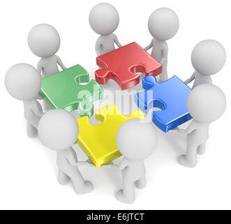 Die Dude X 8 holding zerlegten Puzzleteile. Rot, grün, blau und gelb. Stockfoto
