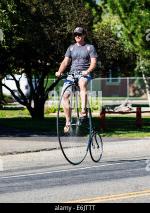 Mann reitet ein Hochrad, hohes Rad, hohe Wheeler oder gewöhnlichen Fahrrad Stockfoto