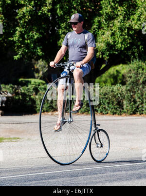 Mann reitet ein Hochrad, hohes Rad, hohe Wheeler oder gewöhnlichen Fahrrad Stockfoto