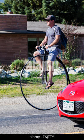 Mann reitet ein Hochrad, hohes Rad, hohe Wheeler oder gewöhnlichen Fahrrad Stockfoto