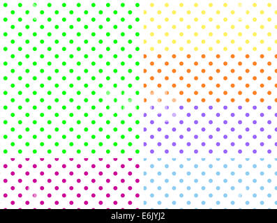 JPG.  Weißem Hintergrund Farbfelder mit Polka Dots in sechs Farben.  Teil einer Reihe. Stockfoto