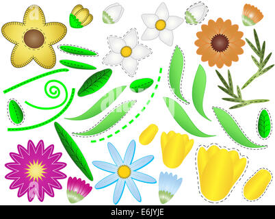 Sie wollen Jpg verschiede Blüten, Knospen und Blätter mit Quilten Stiche, die Sie beliebig zusammenstellen können. Teil einer Reihe. Stockfoto