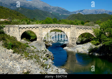 Genueser Brücke über den Tavignano, in der Nähe von Altiani, Département Haute-Corse, Korsika, Frankreich Stockfoto