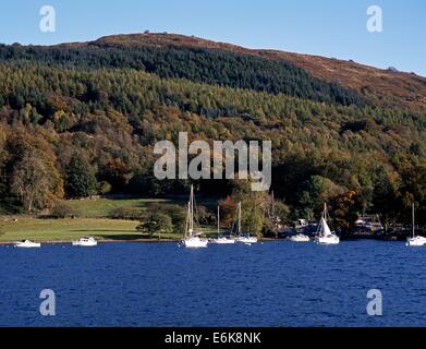 Yachten und Boote vertäut am See mit herbstlichen Bäume nach hinten, Windermere, Lake District National Park, Cumbria, England, UK Stockfoto