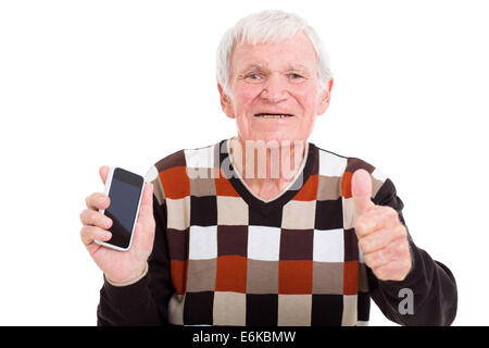Porträt der ältere Mann mit Smartphone Daumen aufgeben Stockfoto