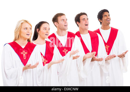 Kirchenchor singt auf weißem Hintergrund Stockfoto