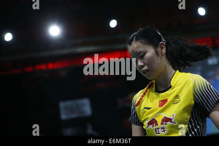 Kopenhagen. 26. August 2014. Li Xuerui China reagiert während der Frauen Runde 1 Singles Match gegen Kristina Gavnholt der Tschechischen Republik am Tag 2 von Li Ning BWF Weltmeisterschaften 2014 in Ballerup Super Arena in Kopenhagen am 26. August 2014. Li Xuerui gewann das Spiel mit 2: 0. Bildnachweis: Wang Lili/Xinhua/Alamy Live-Nachrichten Stockfoto