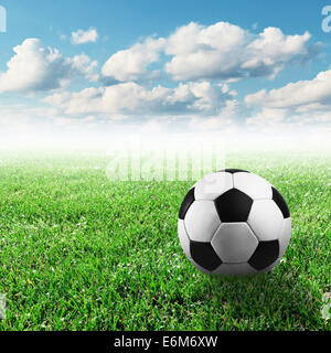 Fußball auf dem grünen Rasen mit dem hellen Himmel Stockfoto