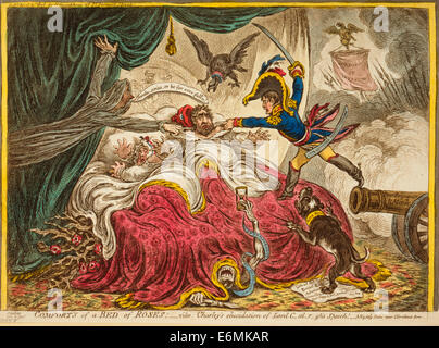 Komfort von einem Bett oder Rosen - Charles Fox, im Bett mit seiner Frau, dass einen Alptraum. Auf der rechten Seite Napoleon springt auf dem Bett aus einer Kanone mit den Worten "Pour Subjugeur le Monde" eingeschrieben an der Schnauze; hinter ihm stehen gesehen Hechte und ein Banner mit den Worten "Schrecken der Invasion." William Pitt, schwebt wie ein Schatten, neben dem Bett ermahnen Fox zu wecken. Ein Adler mit dem Halsband mit der Aufschrift "Preußen" Webstühle über Fox Kopf. Unter dem Bett hervor wachsen Sie dornige rose Zweige und Tod kriecht out from under the covers. Eine Bulldogge mit seinem Halsband eingeschrieben "John Bull" Ausfallschritte im Napoleon. Politische Karikatur 1806 Stockfoto