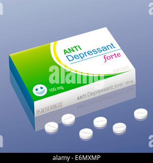 Pillen, die das Markenlogo auf der Packung Anti-Depressant Forte mit einem Lächeln auf den Lippen Pille genannt. Es ist eine gefälschte Medizinprodukt. Stockfoto