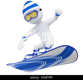 3D weißen Snowboarder mit Brille, Mütze, Schnee Stiefel und Handschuhe. 3D-Bild. Isolierten weißen Hintergrund. Stockfoto